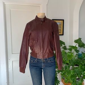 Vintage leather burgundy bomber jacket